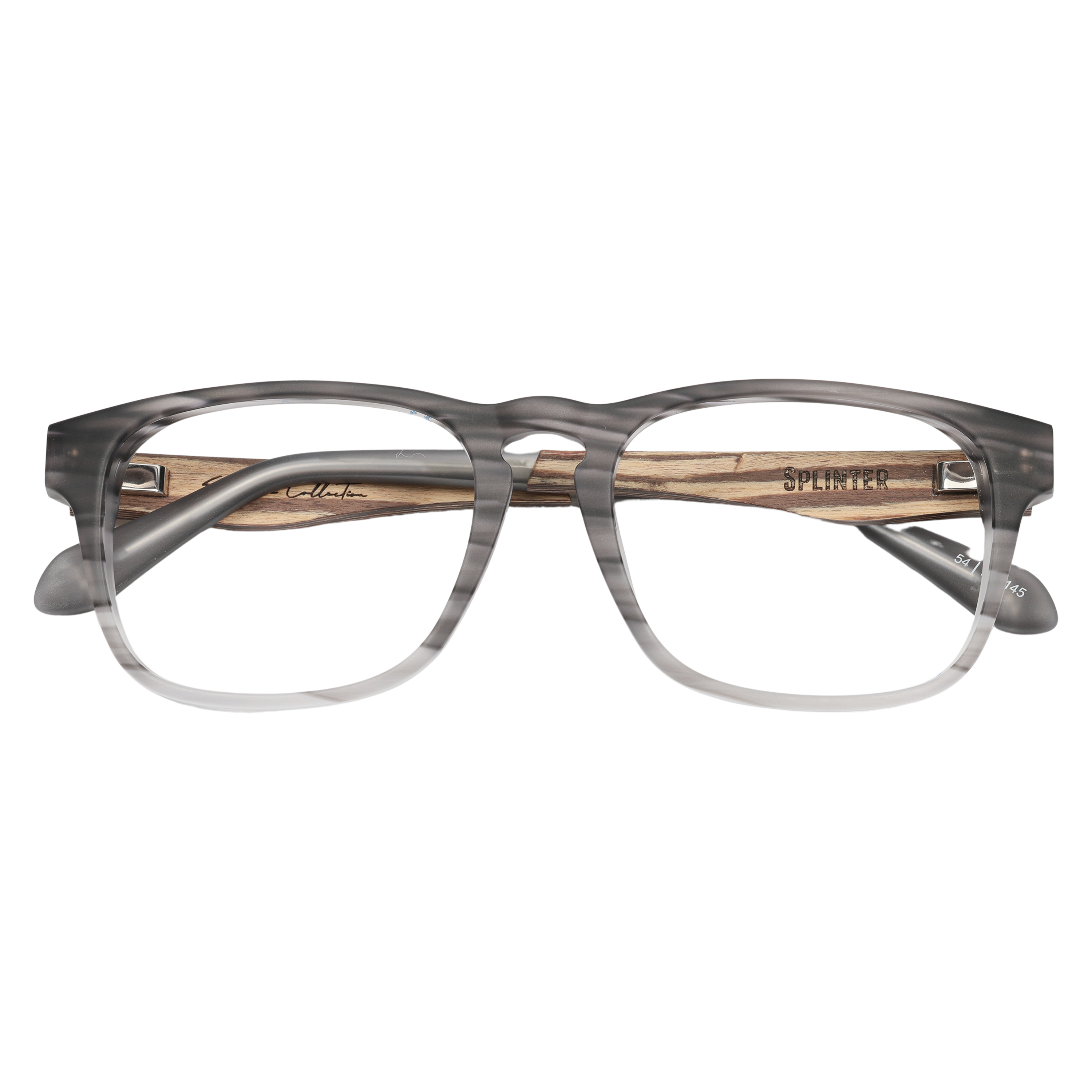 Front view of Johnny Fly's Splinter Sunglasses showcasing a sleek, modern design with an acetate front section, wooden arms, and spring hinges, equipped with nylon polarized lenses for optimal eye protection and a timeless minimalist look.