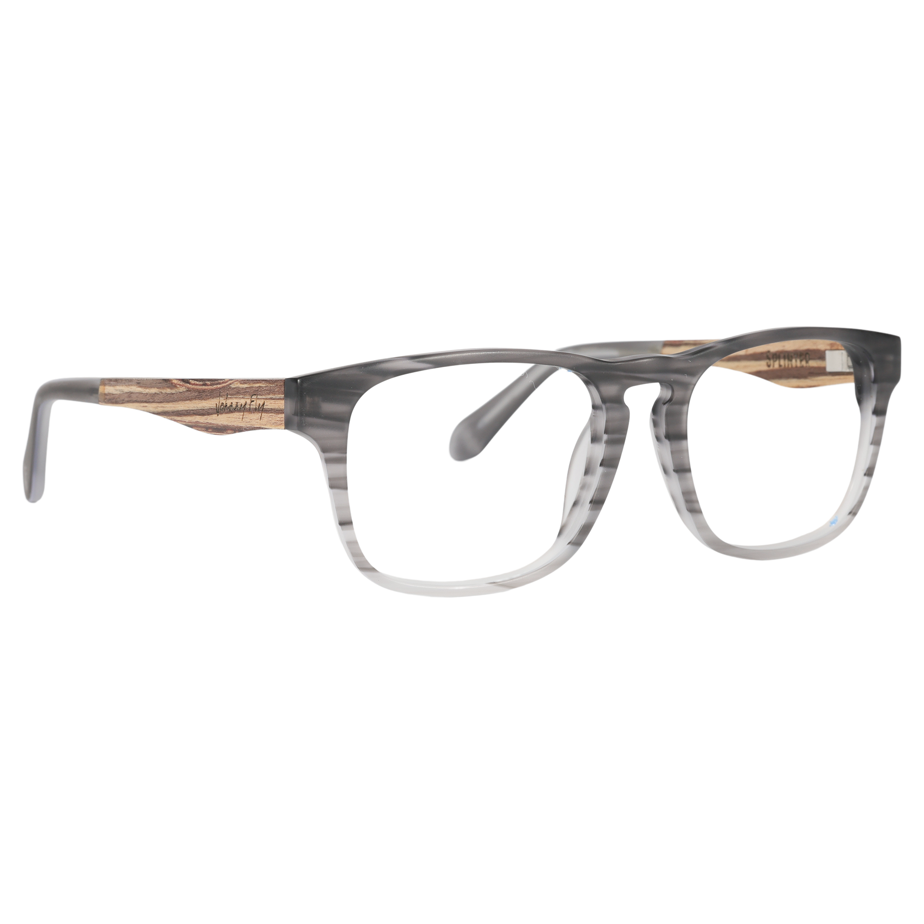 Johnny Fly "Splinter" sunglasses featuring a modern simplicity design with an iconic acetate front, wooden arms, spring hinges, and nylon polarized lenses for superior eyewear performance.