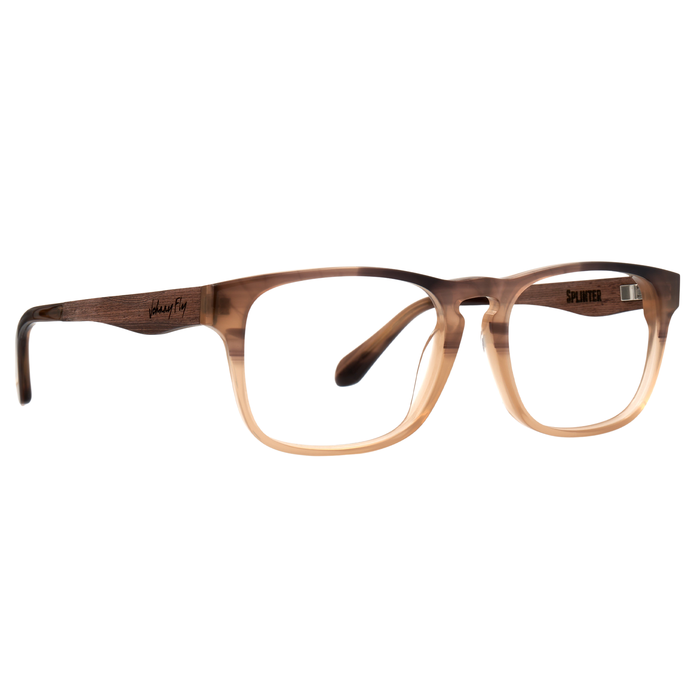 Johnny Fly Splinter Sunglasses with modern simplicity featuring an acetate front section, wooden arms, spring hinges, and nylon polarized lensing.
