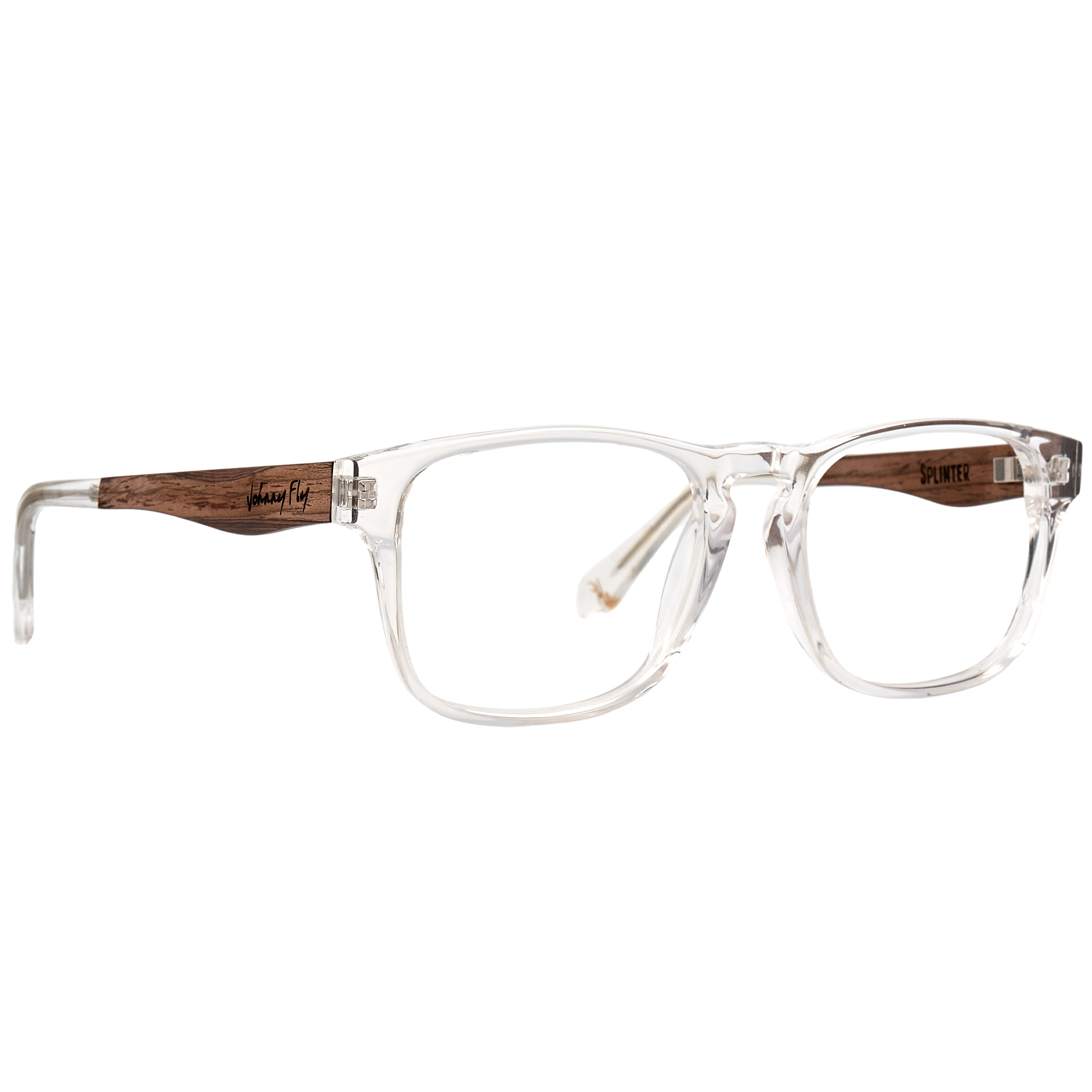 Johnny Fly Splinter Sunglasses featuring a modern simplistic design with iconic acetate front section, wooden arms, spring hinges, and nylon polarized lenses for premium eyewear.