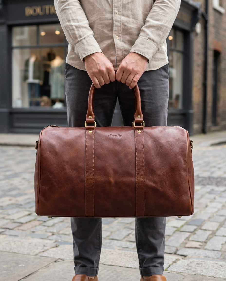 Brown leather duffel bag on a white background