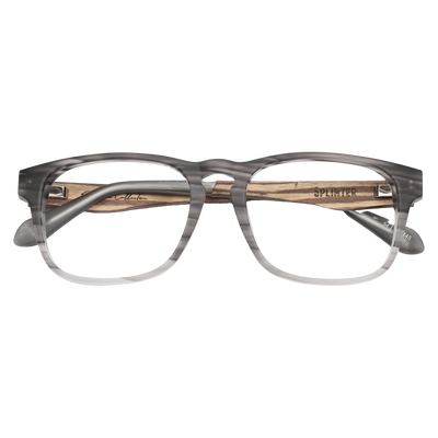 Front view of Johnny Fly's Splinter Sunglasses showcasing a sleek, modern design with an acetate front section, wooden arms, and spring hinges, equipped with nylon polarized lenses for optimal eye protection and a timeless minimalist look.