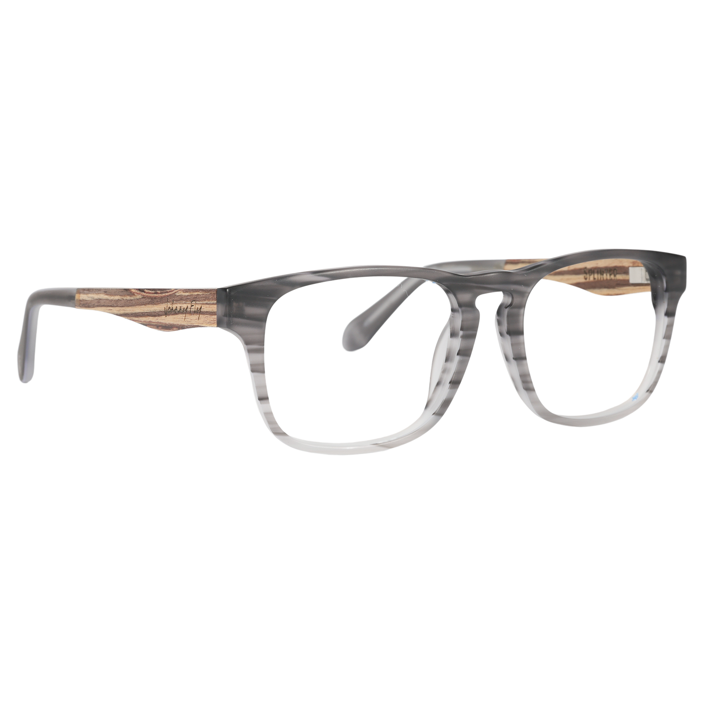 Johnny Fly "Splinter" sunglasses featuring a modern simplicity design with an iconic acetate front, wooden arms, spring hinges, and nylon polarized lenses for superior eyewear performance.