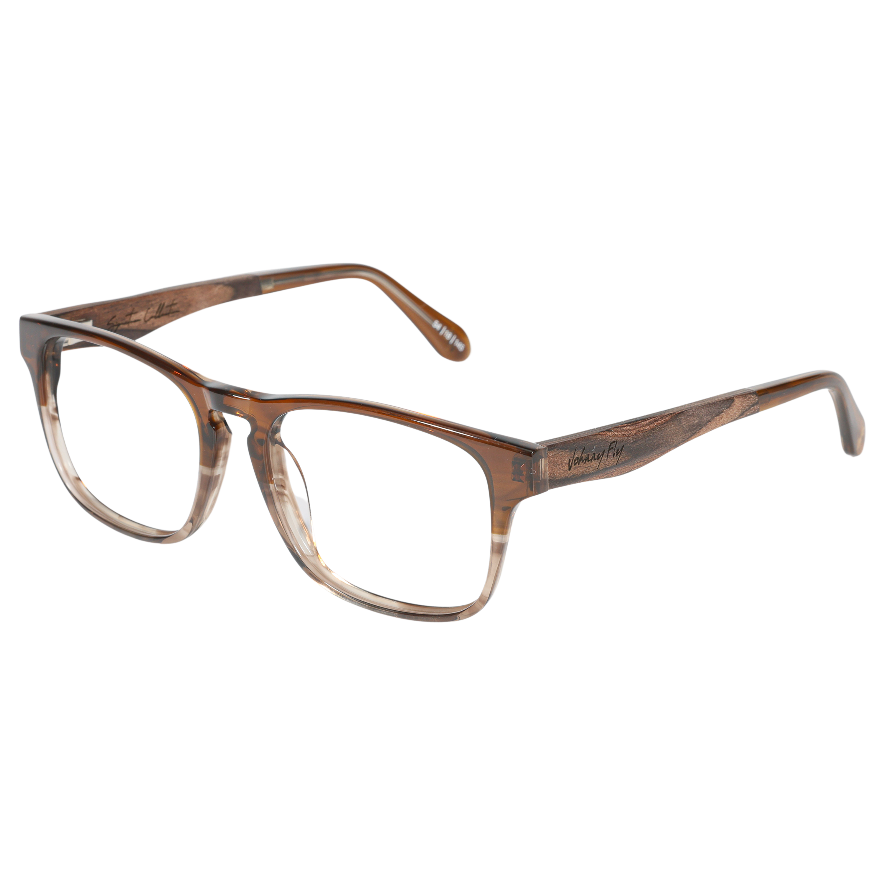 Johnny Fly Splinter Sunglasses with modern minimalistic design, featuring an acetate front, wooden arms, spring hinges, and nylon polarized lenses