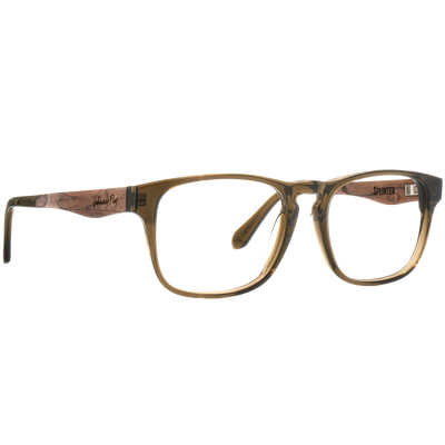 Johnny Fly Splinter sunglasses with a modern minimal design, featuring an acetate front section and wooden arms, complete with spring hinges and nylon polarized lenses.
